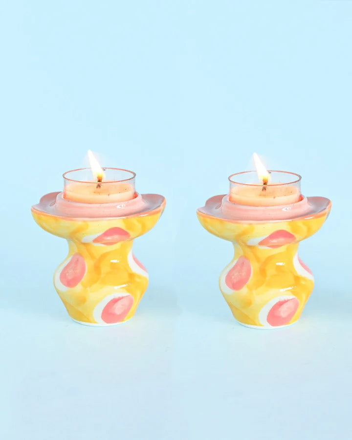 Ruby Sunset Handpainted Tealight Holders - Set of 2 , 3 x 2.7 Inches