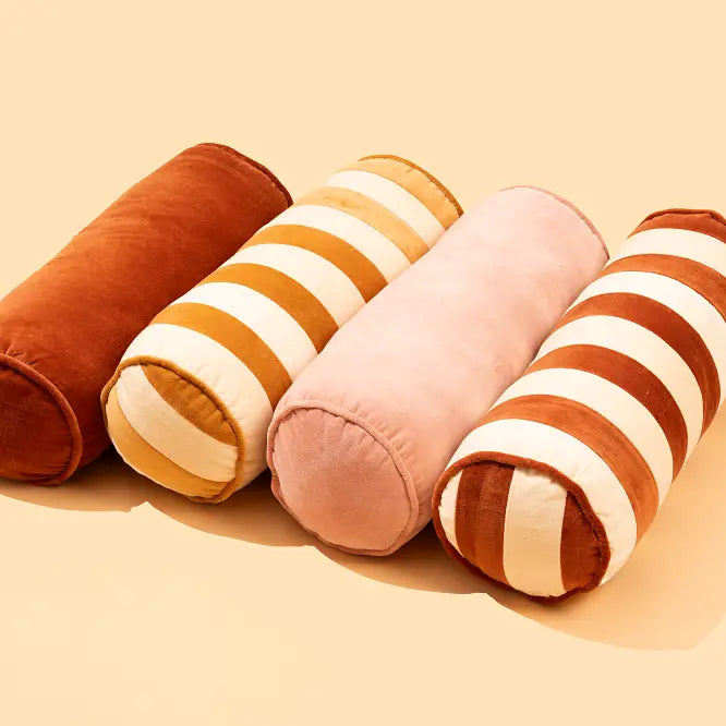 Velvet Stripe bolster Pillow, Clay & Offwhite - 18x7 Inches