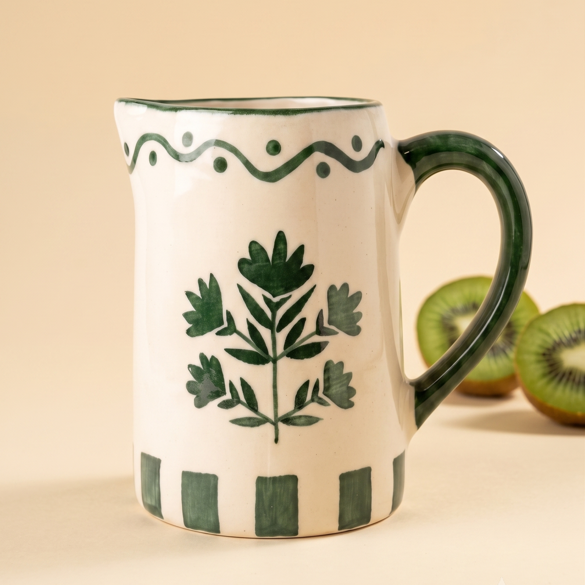 Green Floral Striped Pitcher | Hand-painted Ceramic | 6 Inch