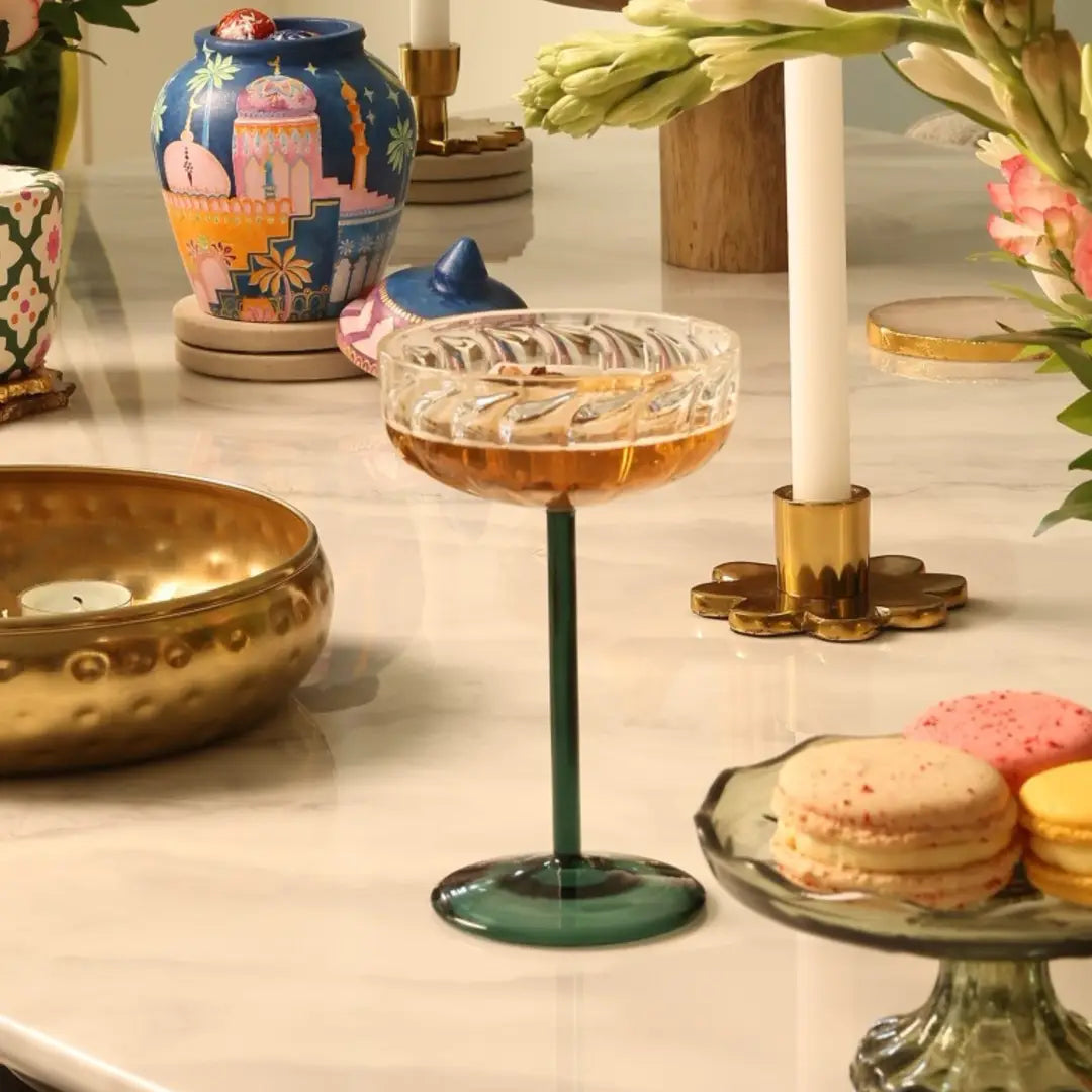 Swirl Cocktail Glass -Clear & Green, 4 x 6.5 Inches - (Set of2)