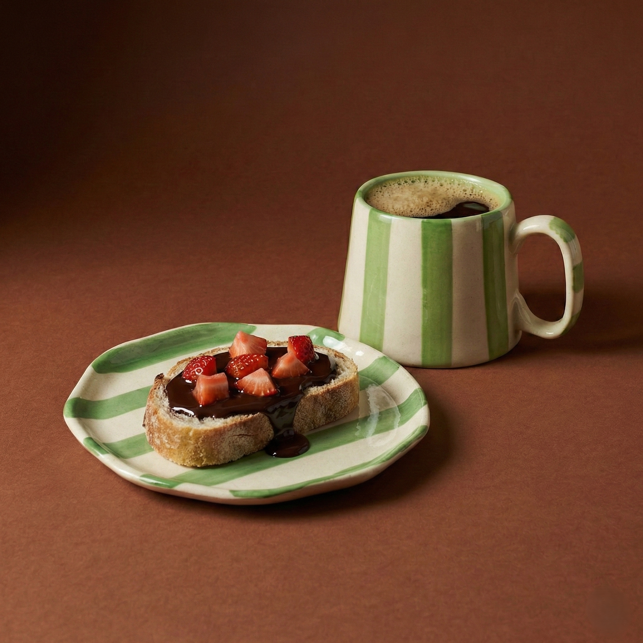 Classic Green Stripe Coffee Mug with Snack Plate (Set of 2)