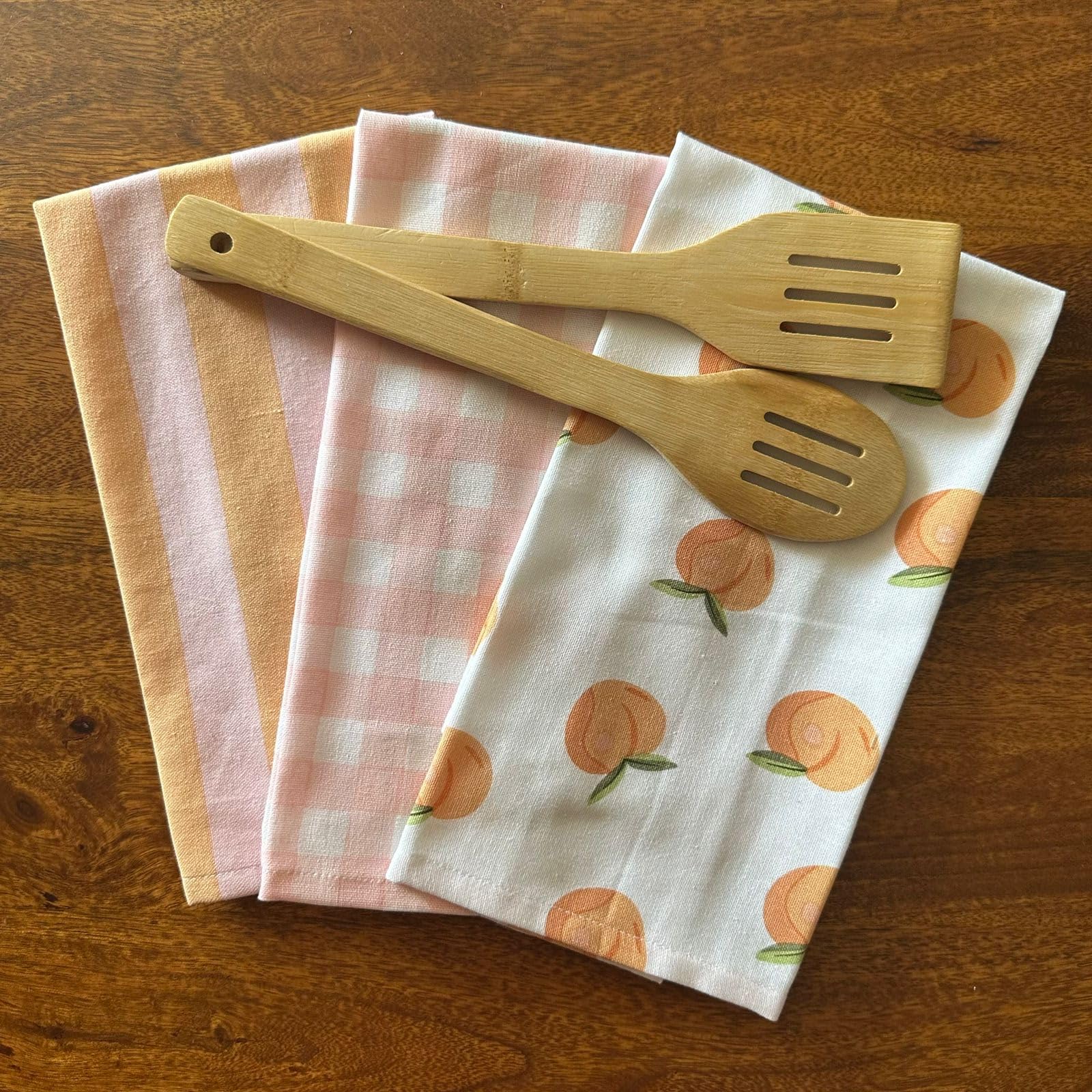 Peach, Pink Checks & Stripe Print Cotton Kitchen Towels , Set of 3 - 15x23 Inches