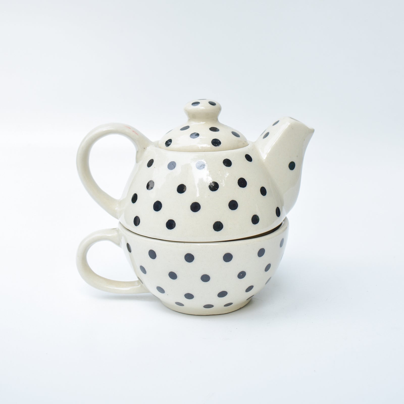 Polka Dot Ceramic Tea Pot and Cup Set - 7.5x2.5 Inches