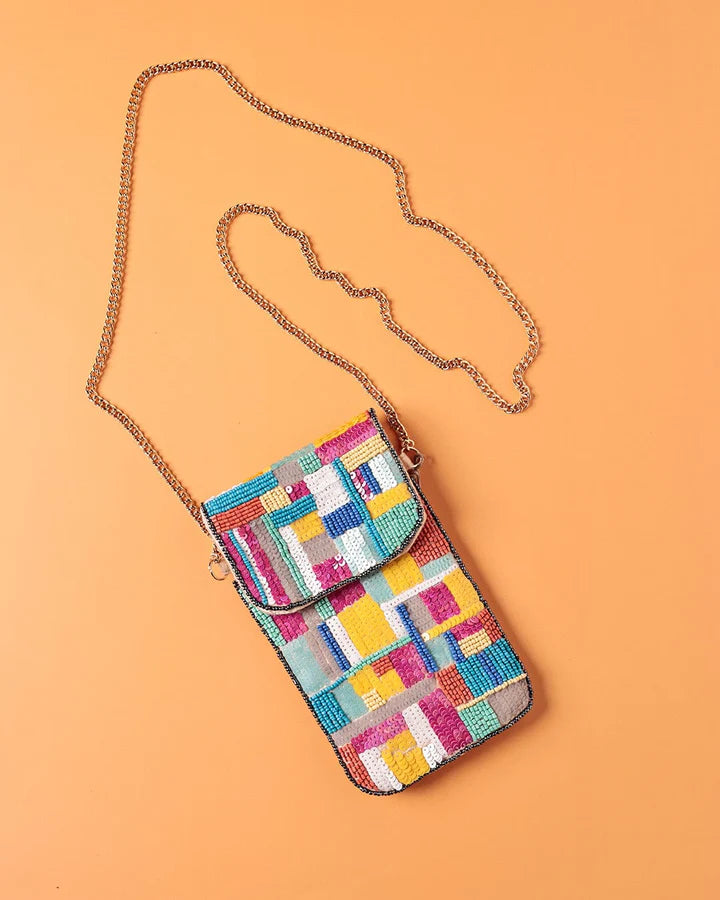 Mira Hand Embroidered Phone Bag & Cards Holder with Cross body Chain - 7.5 x 4.5 Inches