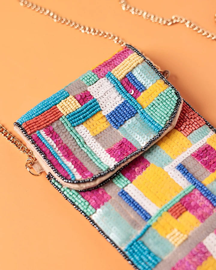 Mira Hand Embroidered Phone Bag & Cards Holder with Cross body Chain - 7.5 x 4.5 Inches