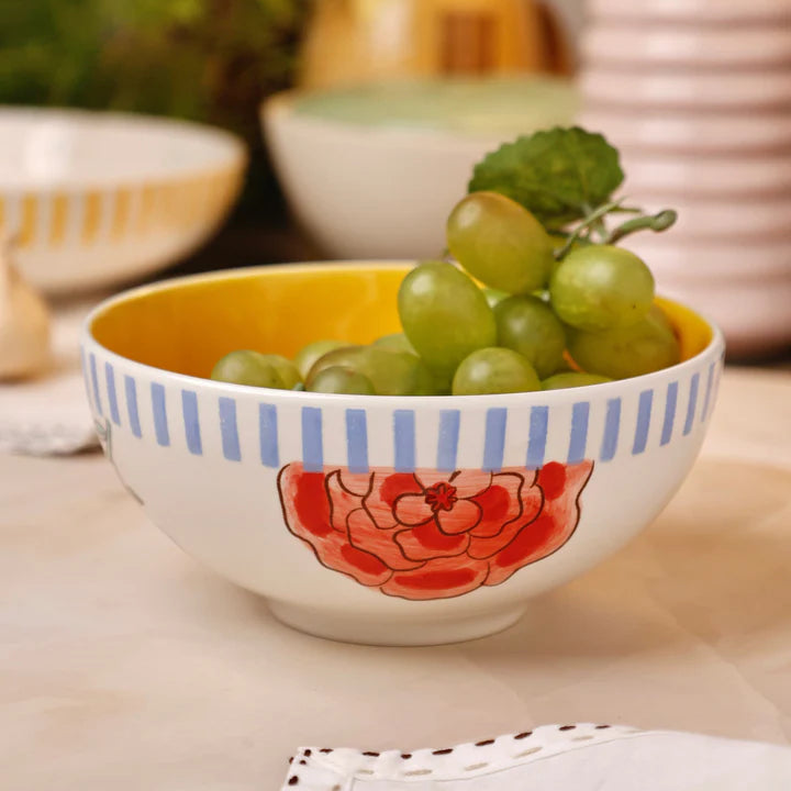 Stripe And Stem Handpainted Ceramic Bowl - 5.90 x 2.75 Inches , 16oz (Set of 2)