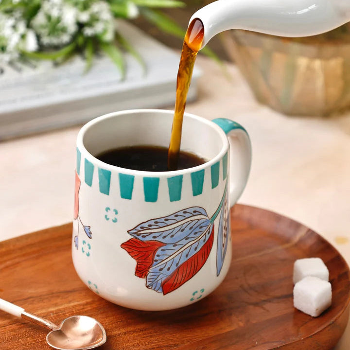 Stripe And Stem Handpainted Ceramic Coffee Mug - 4.72 x 3.15 x 3.54 Inches , 10 oz (Set of 4)