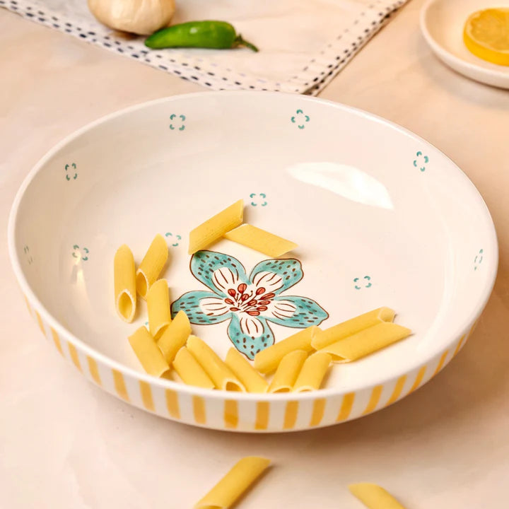Stripe And Stem Handpainted Ceramic Pasta Bowl , 8.25 x 1.95 Inches , 23 oz
