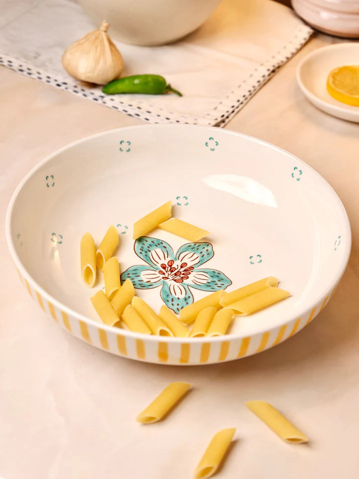Stripe And Stem Handpainted Ceramic Pasta Bowl , 8.25 x 1.95 Inches , 23 oz
