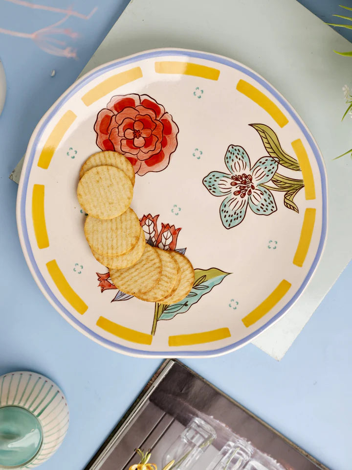 Stripe And Stem Handpainted Ceramic Round Platter , 10 x 1.18 Inches (Set of 2)