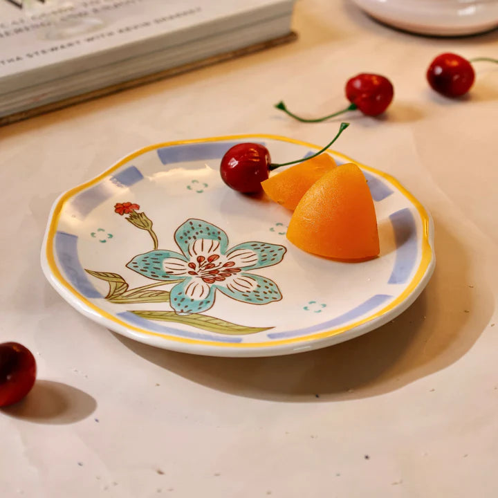 Stripe And Stem Handpainted Ceramic Snack Plate - 6.30 x 1.18 Inches (Set of 2)