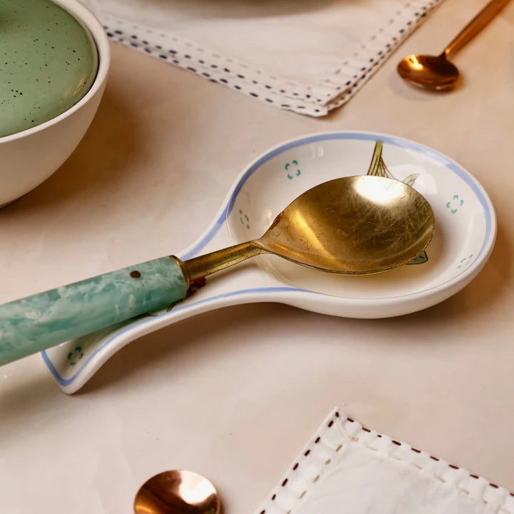 Stripe And Stem Handpainted Ceramic Spoon Rest - 8.85 x 4.72 x 1.18 Inches (Set of 2)