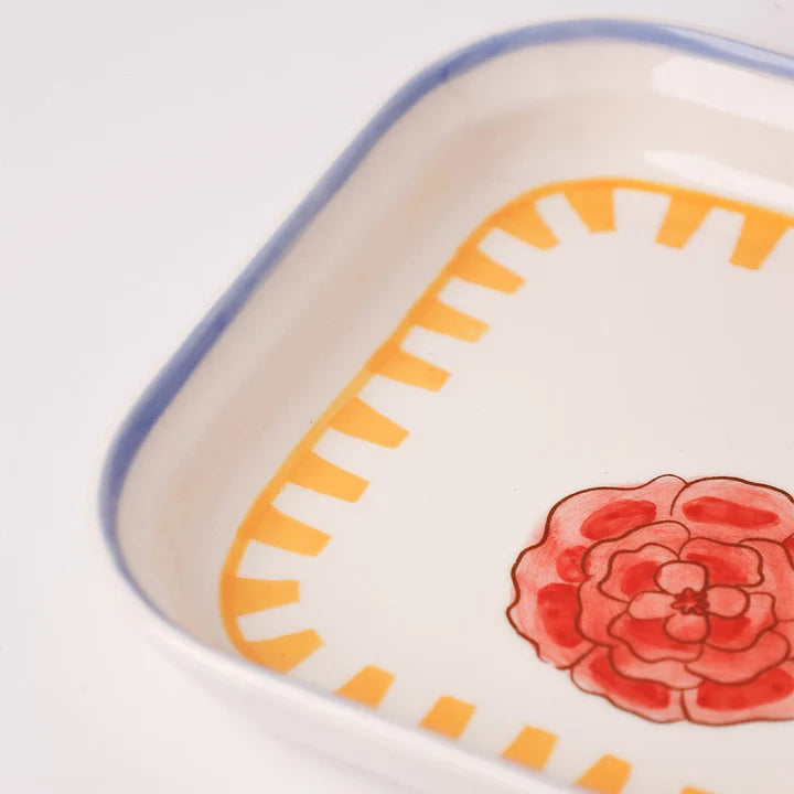 Stripe And Stem Handpainted Ceramic Square Snack Plate , 6.10 x 6.10 x 1.18 Inches (Set of 2 )