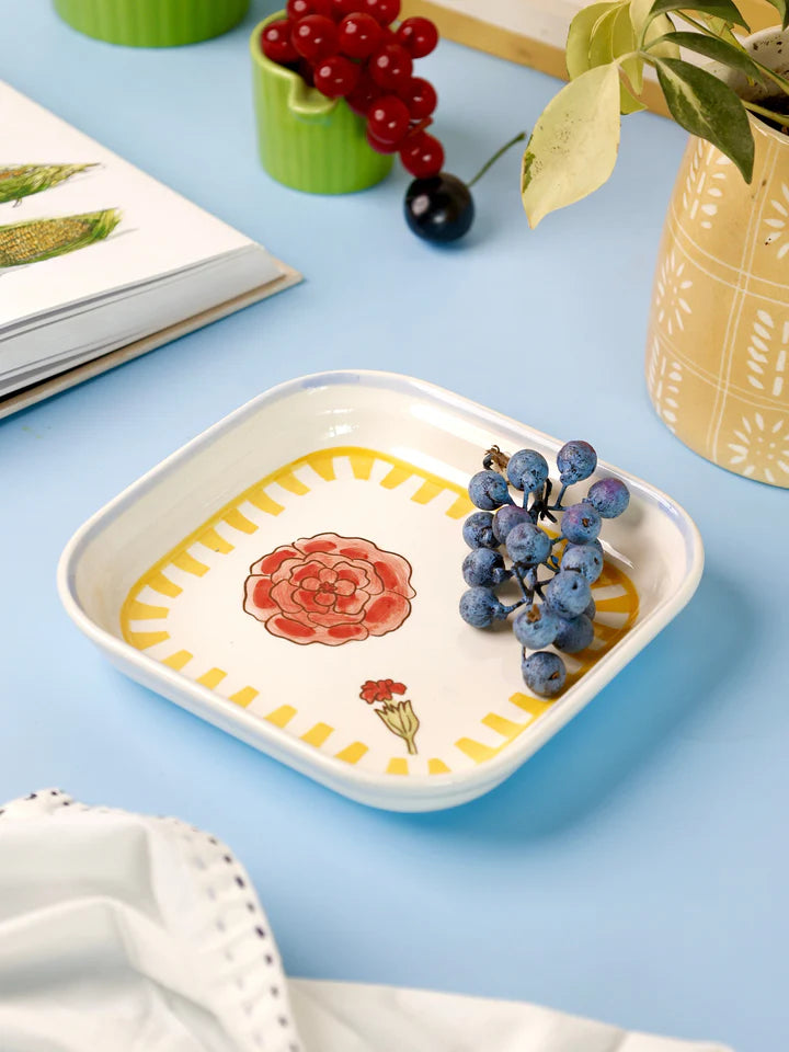 Stripe And Stem Handpainted Ceramic Square Snack Plate , 6.10 x 6.10 x 1.18 Inches (Set of 2 )
