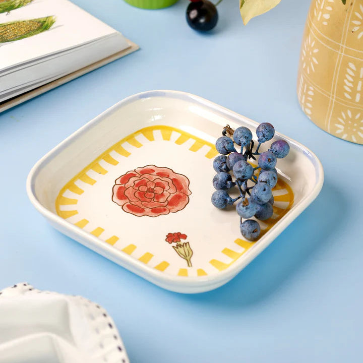 Stripe And Stem Handpainted Ceramic Square Snack Plate , 6.10 x 6.10 x 1.18 Inches (Set of 2 )
