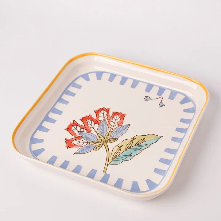 Stripe And Stem Handpainted Square Platter , 8.07 8.07 x 1.18 Inches (Set of 2)