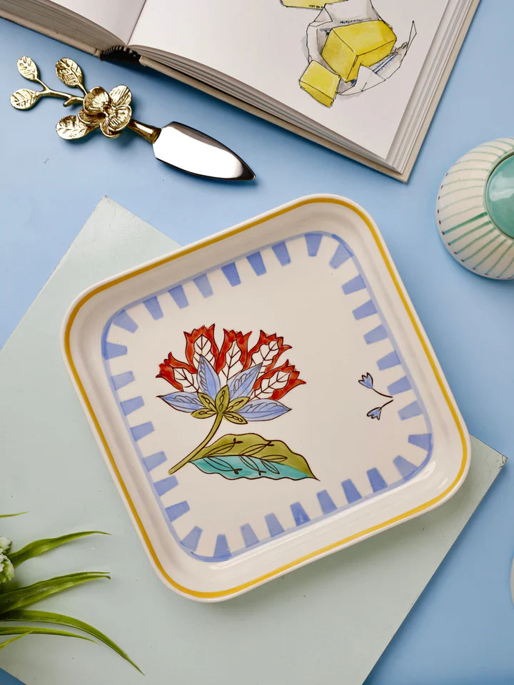 Stripe And Stem Handpainted Square Platter , 8.07 8.07 x 1.18 Inches (Set of 2)