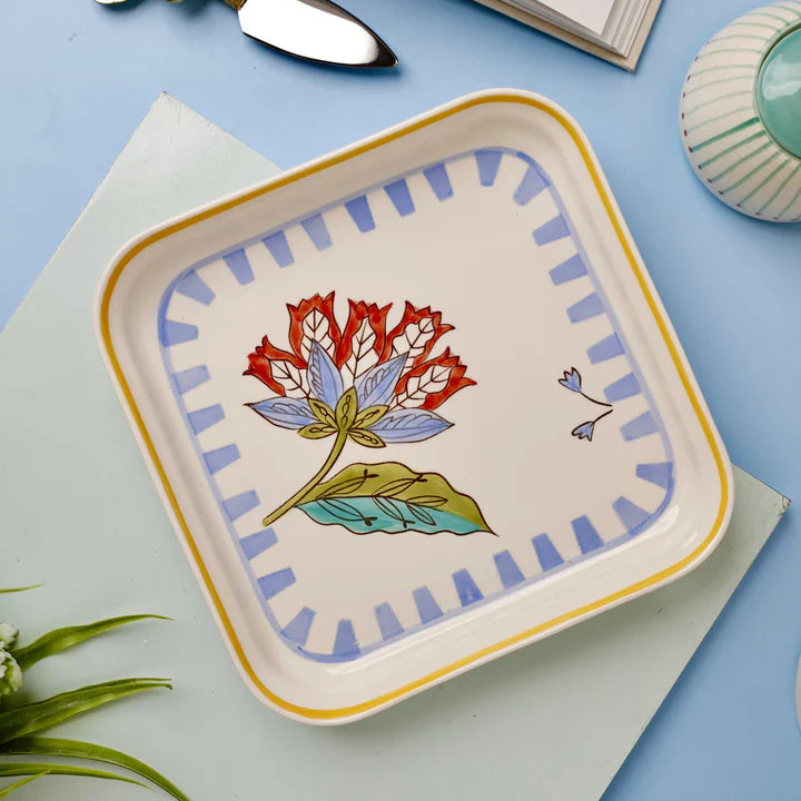 Stripe And Stem Handpainted Square Platter , 8.07 8.07 x 1.18 Inches (Set of 2)