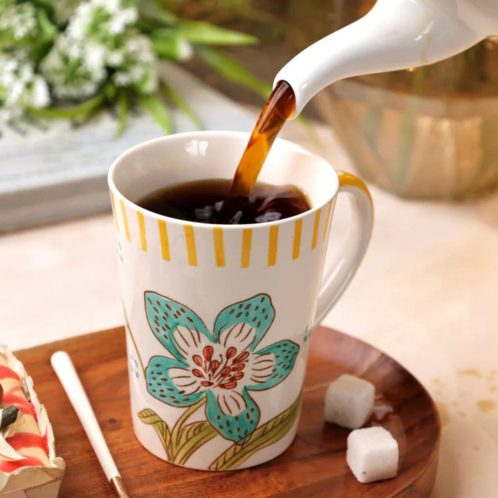 Stripe And Stem Tall Handpainted Ceramic Coffee Mug - 4.72 x 3.35 x 4.34 Inches , 12 oz (Set of 4)