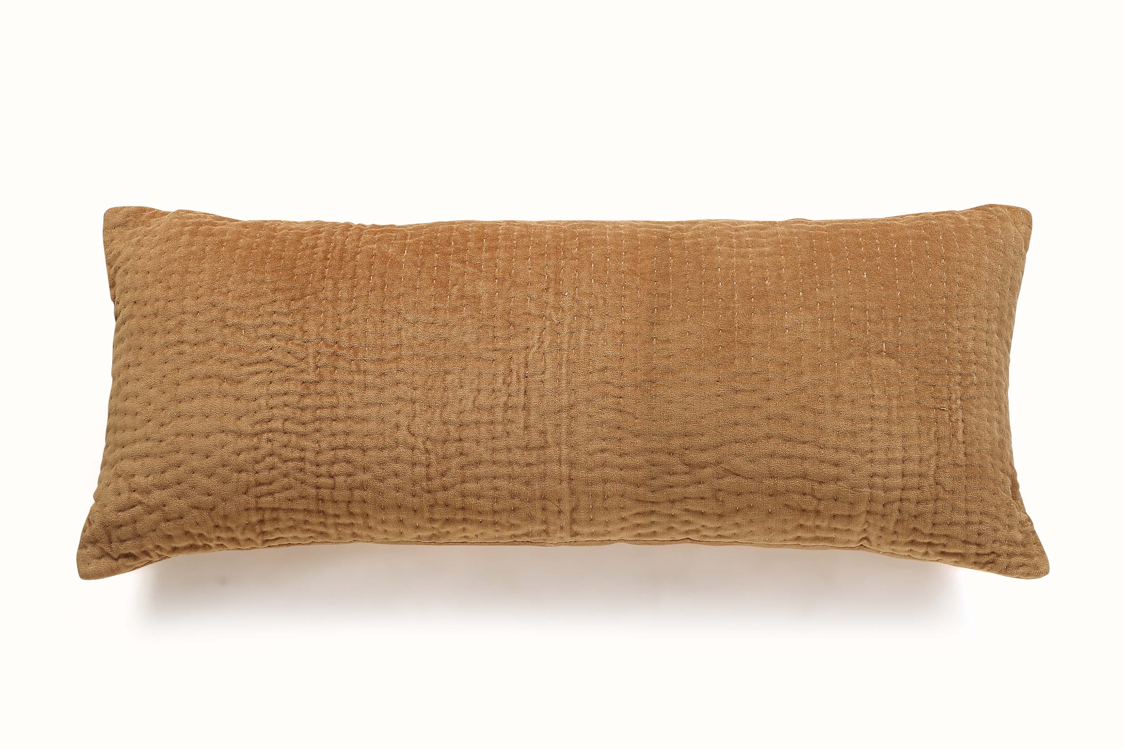 Velvet Kantha Handmade Lumbar Pillow Clay-12x30 Inch