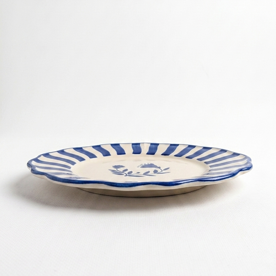 Stripe Blue Floral Dinner Plate | Handcrafted Ceramic | 10.5 | Set Of 2