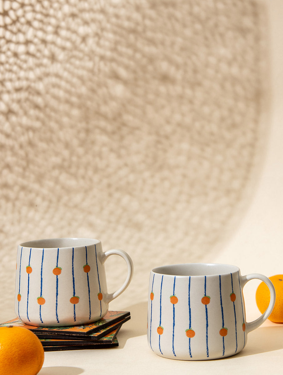 Orange Striped Ceramic Mug - 3.5 x 3 Inches , Set of 4