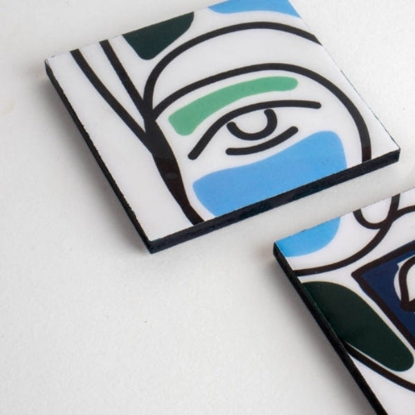 Faces Aqua Blue Coaster (Set Of 4) 4x4x0.2 Inches