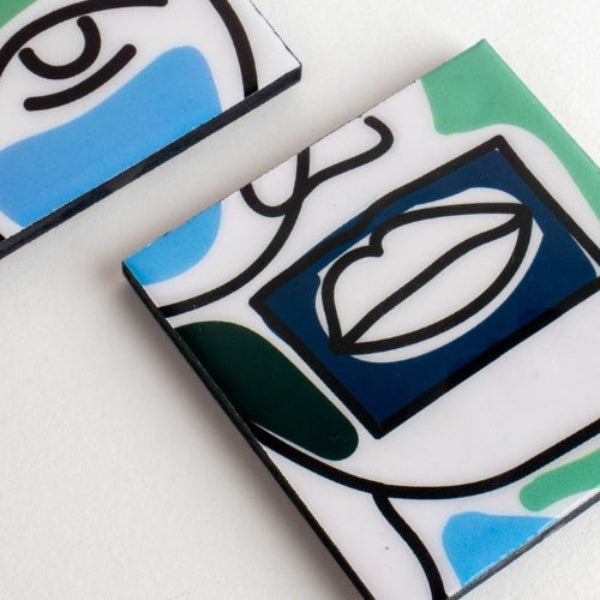 Faces Aqua Blue Coaster (Set Of 4) 4x4x0.2 Inches