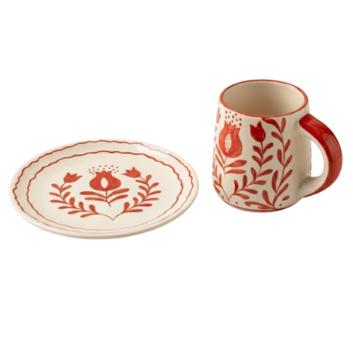 Red Anaar Ceramic Breakfast Set - Coffee Cup & Side Plate (Set of 2)