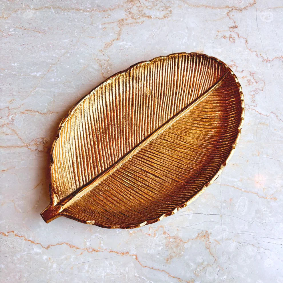 Gilded Leaf Serving Tray and Platter - 12 x 7.5 x 1.2 Inches