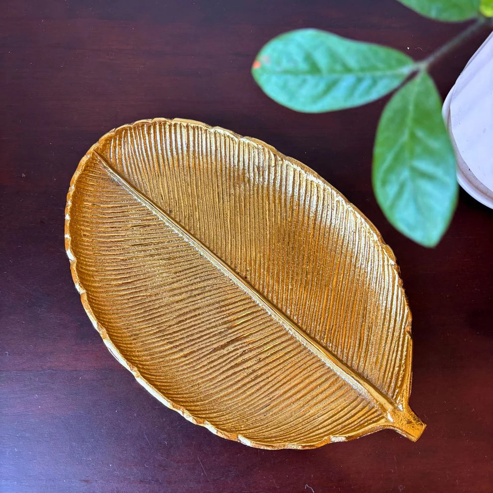 Gilded Leaf Serving Tray and Platter - 12 x 7.5 x 1.2 Inches