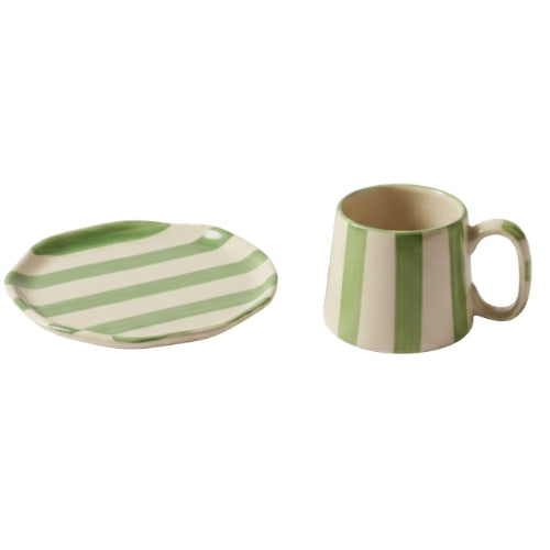 Classic Green Stripe Coffee Mug with Snack Plate (Set of 2)