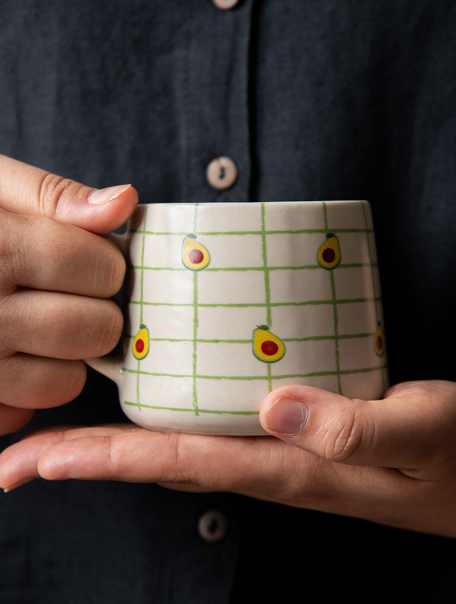 Avocado Checkered Ceramic Mug - 3.5 x 3 Inches , Set of 4