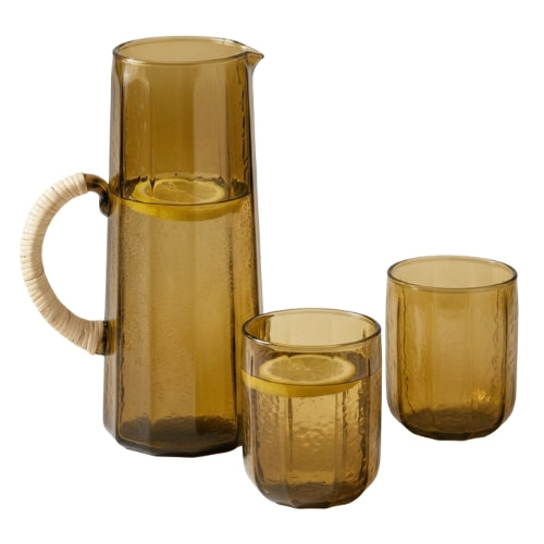 Hammered Glass Water Pitcher and Tumbler Set , Brown - (Set of 3)