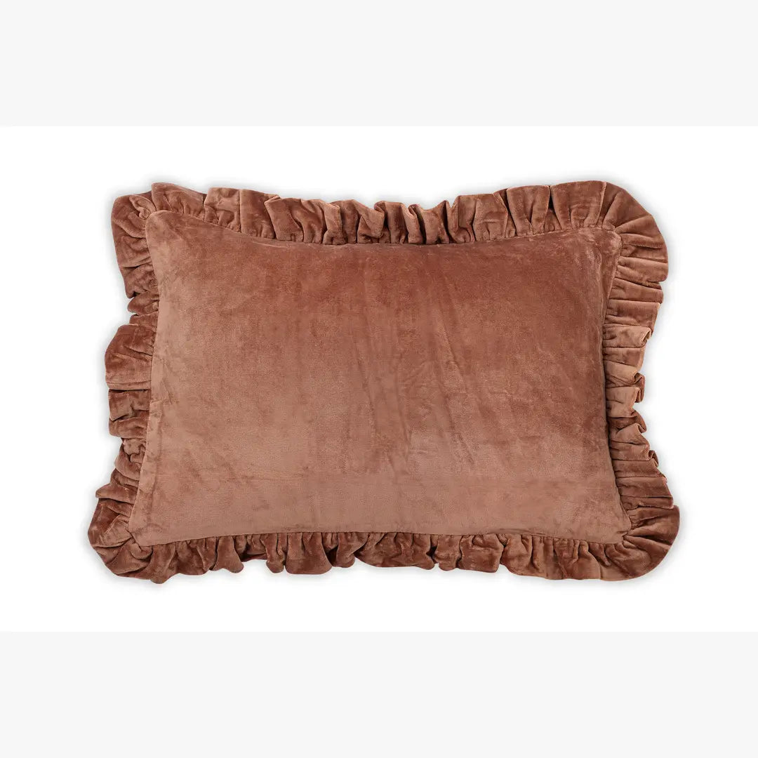 Solid Velvet Frilled Cushion, Mocha Brown 14x20 Inch