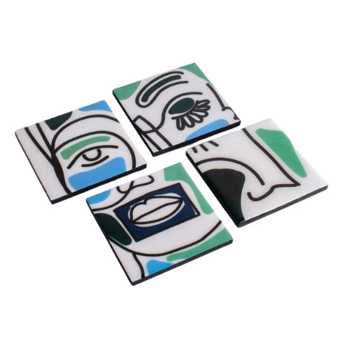 Faces Aqua Blue Coaster (Set Of 4) 4x4x0.2 Inches