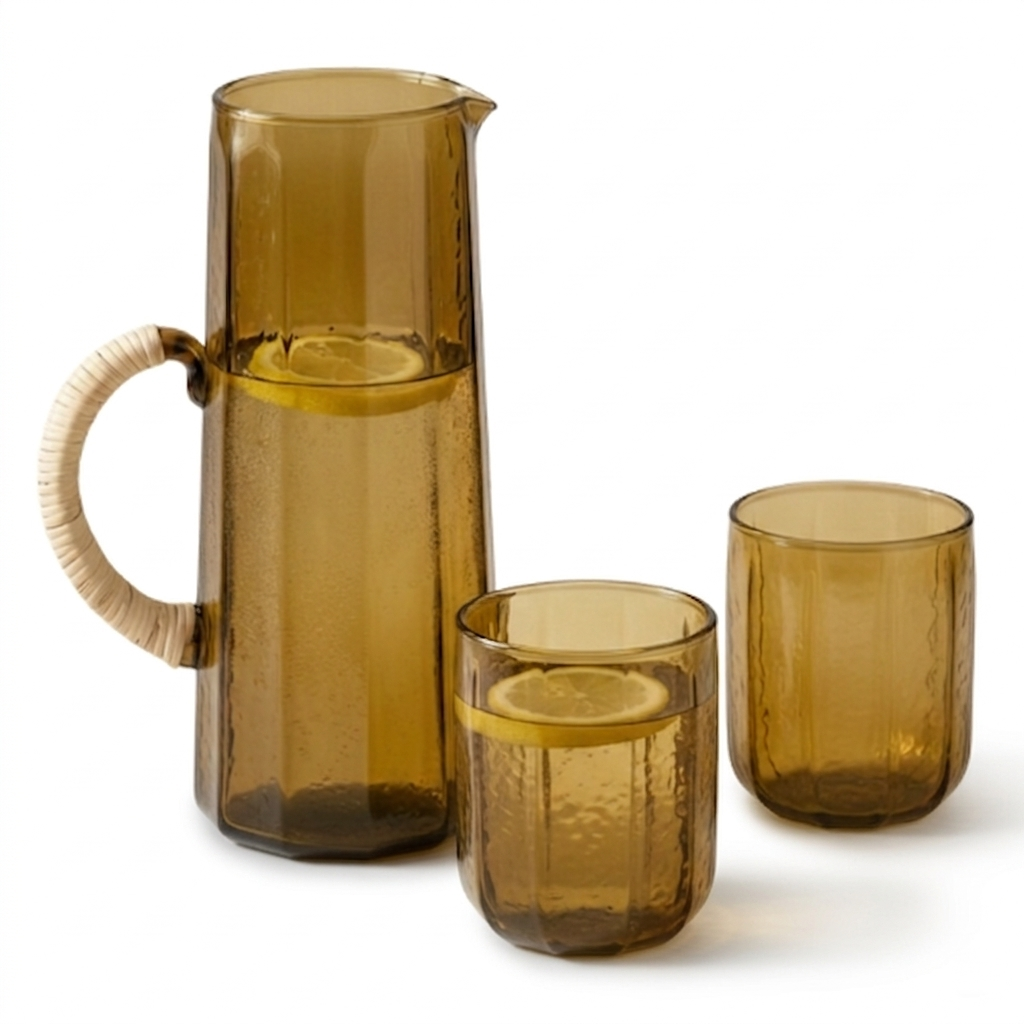 Hammered Glass Water Pitcher and Tumbler Set , Brown - (Set of 3)