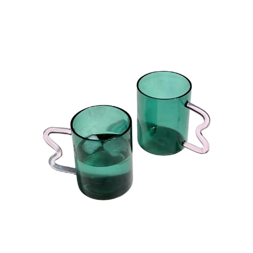 Swirl Glass Cups-Teal cup pink handle, 2.75x3.75 Inches  (SET OF 4)