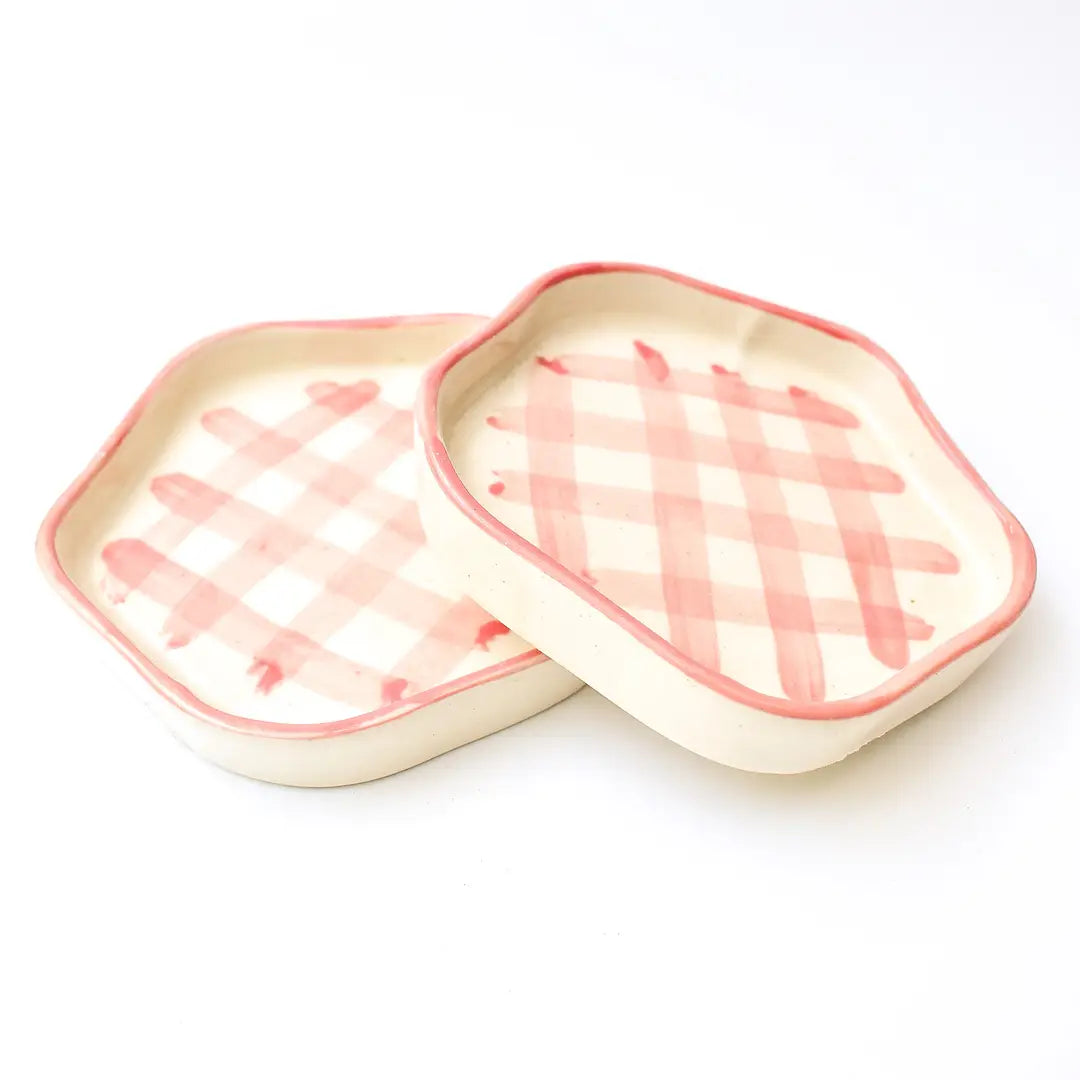 Coasters -Pink Check, 4.7 Inches (Set of 2)