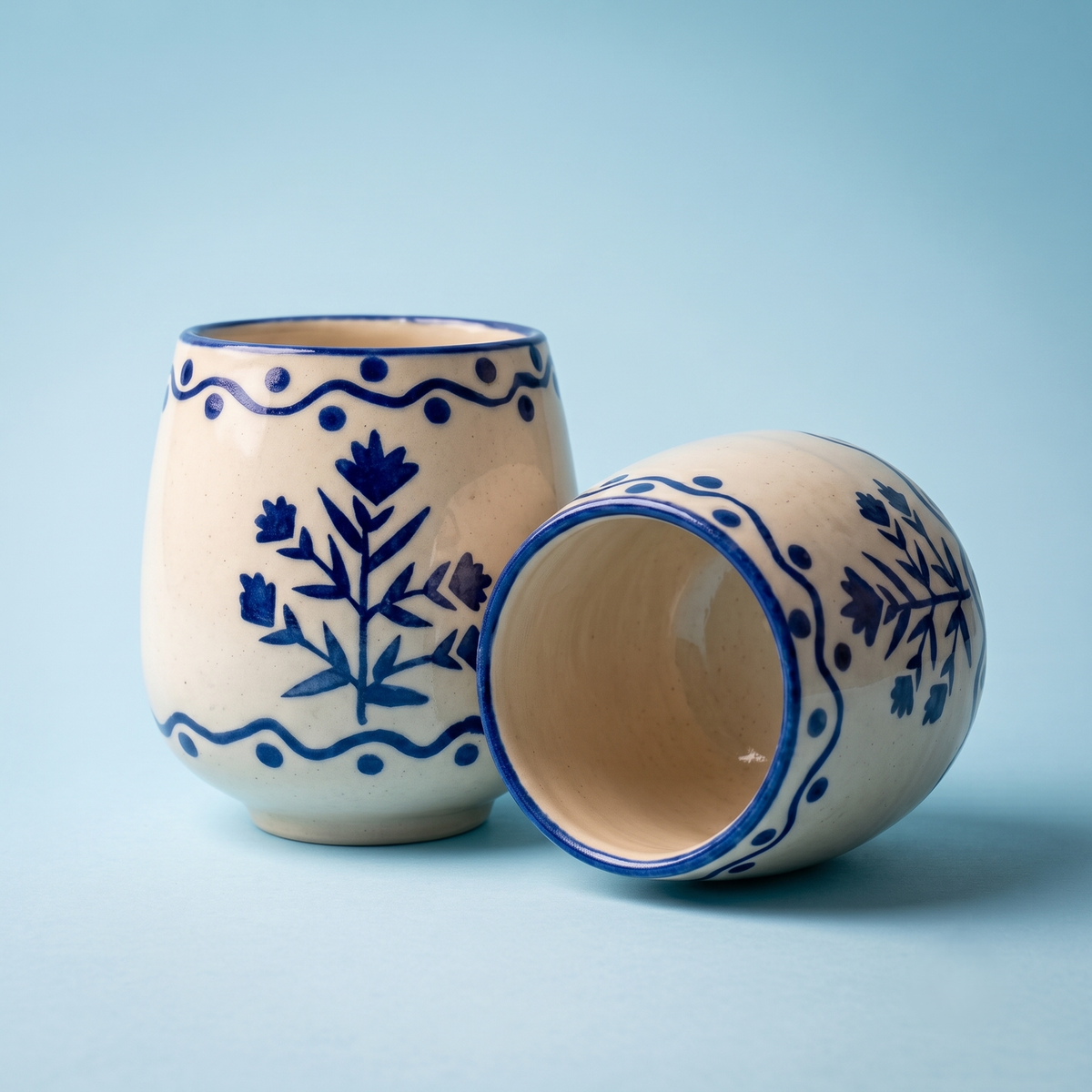 Blue Drinking Cup | Hand-Painted Ceramic | 3 Inch | Set Of 2