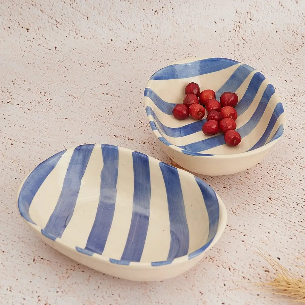 Ceramic stripe  Bowl, Blue 7x5x2 Inches