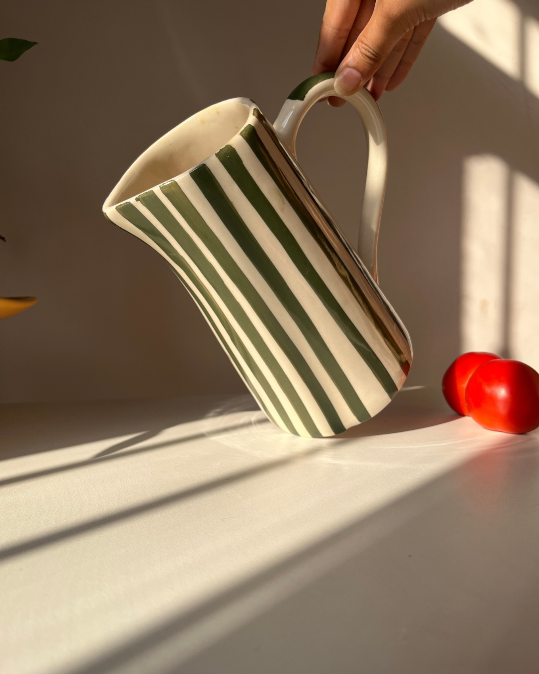 Basil Green Striped Jug | Hand-Painted Ceramic | 8in