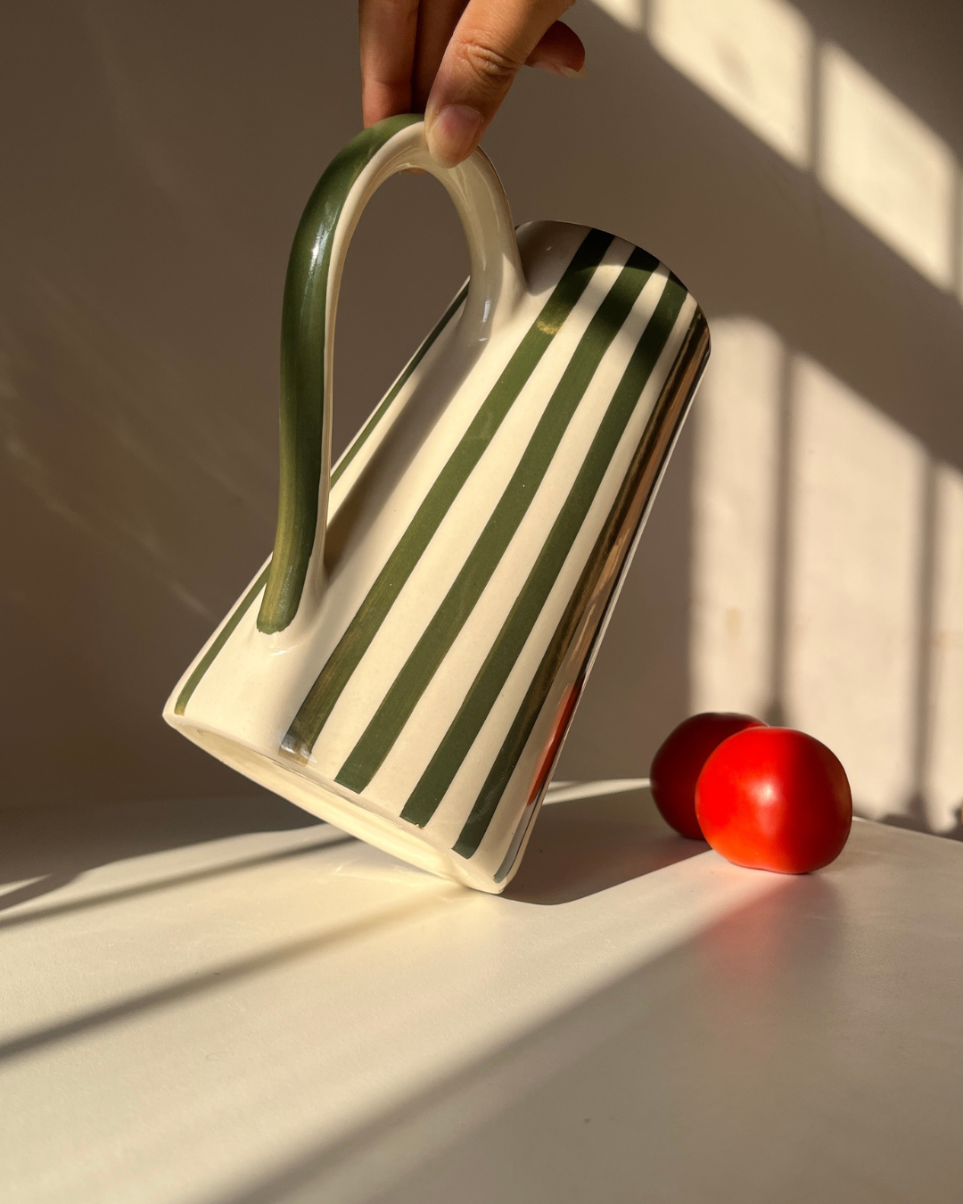Basil Green Striped Jug | Hand-Painted Ceramic | 8in