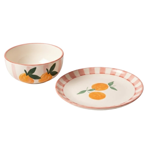 Pink Striped Ceramic Breakfast Bowl & Plate Set – (Set of 2)