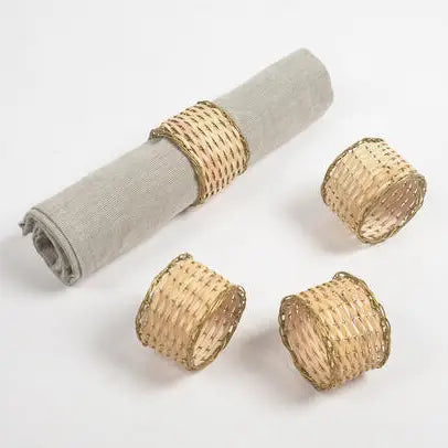 Eco-Friendly Handwoven Cane & Brass Napkin Ring  (Set of 4)