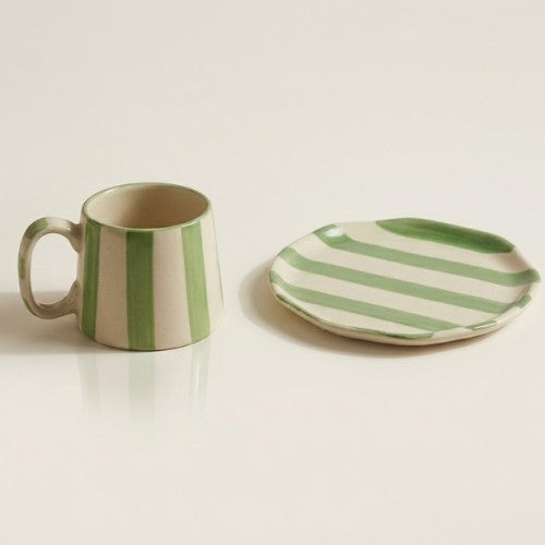 Classic Green Stripe Coffee Mug with Snack Plate (Set of 2)