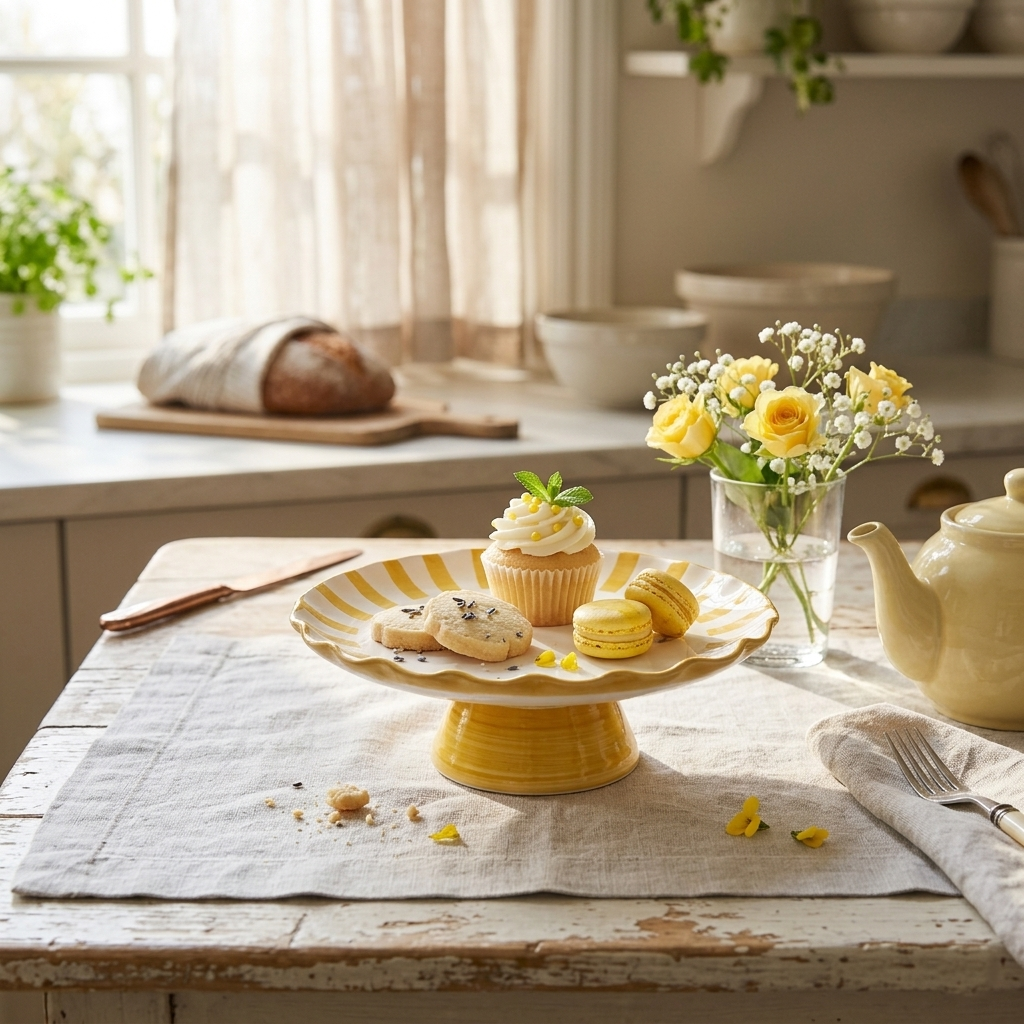 Ceramic Stripe Cake Stand, Yellow  - 10 x 10 x 3.75 Inches