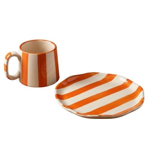 Classic Orange Stripe Coffee Mug with Snack Plate (Set of 2)