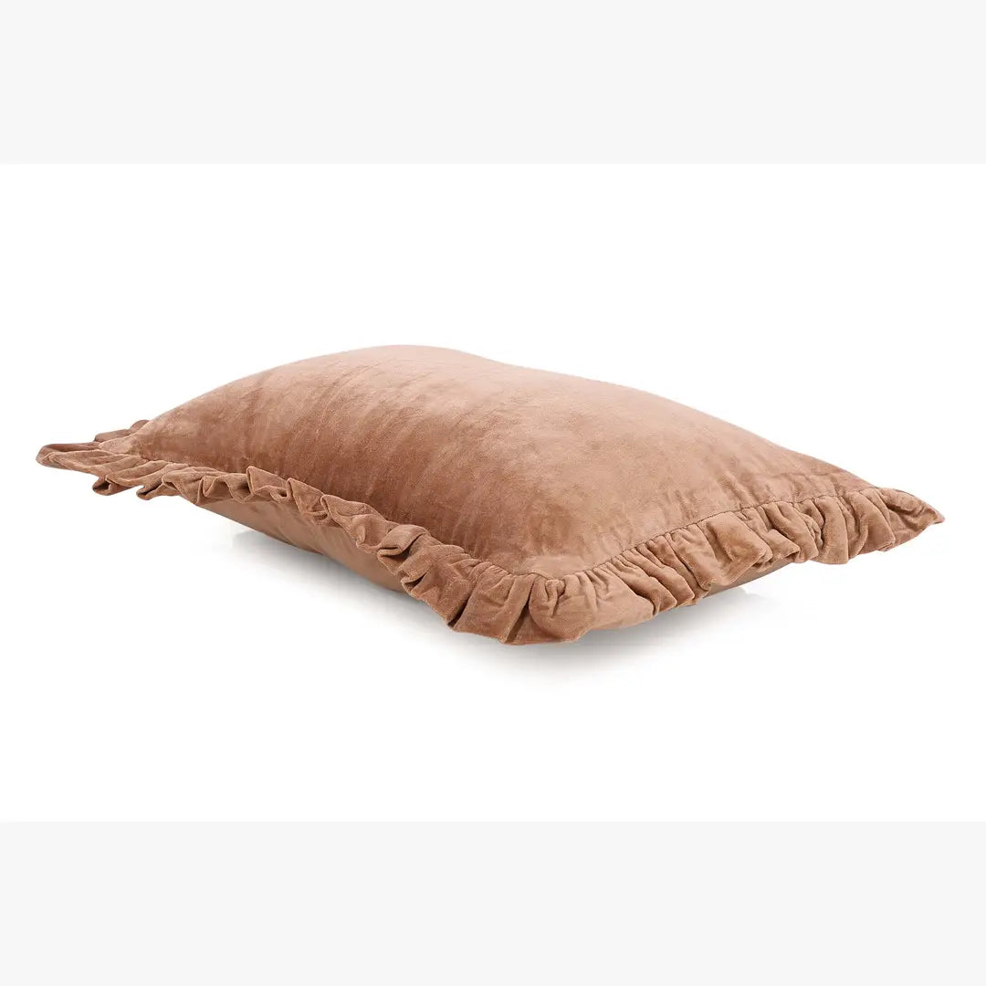 Solid Velvet Frilled Cushion, Mocha Brown 14x20 Inch