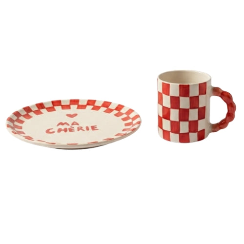 Red Checkered Ceramic Breakfast Set - Coffee Cup & Side Plate (Set of 2)